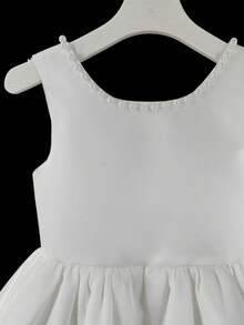 年轻女孩优雅可爱珍珠蝴蝶结露背无袖派对礼服，公主裙，适合生日、婚礼、聚会、舞会 - 白色 - 查看 6