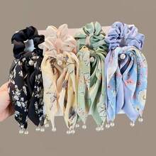 1pc French Vintage Ditsy Floral Bow Scarf Scrunchie With Pearls, Romantic Hair Accessory For Dates, Parties & Daily Looks, Elegant & Versatile, Ideal Gift For Women/Girlfriend/Bestie On  US - 綠色的. - 查看 3