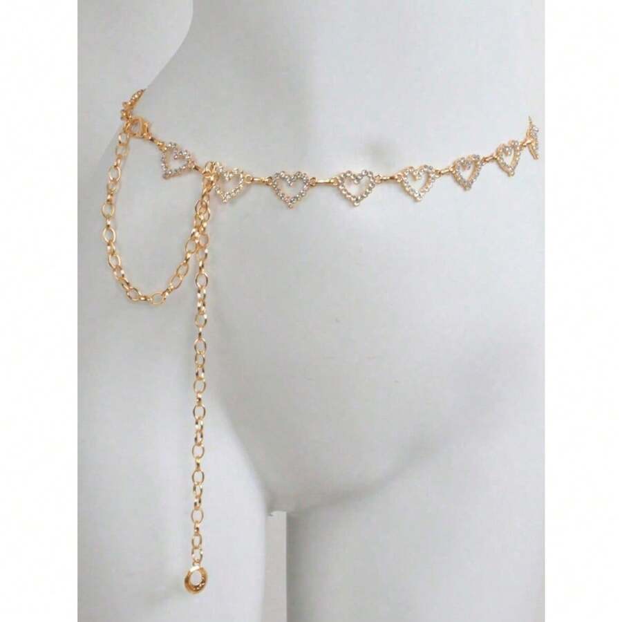 1pc Fashionable Simple Heart Shaped Rhinestone Alloy Waist Chain For Dress Decoration Women - Vàng - Xem 1