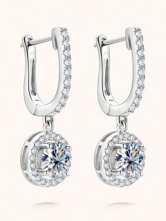 XUJIA 1 par de pendientes de moissanita para mujer de plata de ley 925 con aro colgante, moissanita redonda de color D y VVS1 de 6.5mm con halo de circonita cúbica, pendientes de plata 925 para compromiso, boda, aniversario, fiesta de cumpleaños, regalos de joyería