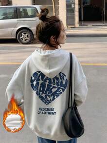 Oversized Sweatshirt With Letter & Heart Print, Thermal Lined - Light Gray - View 8