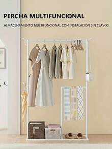 Perchero de Acero Negro - Almacenamiento Versátil para Ropa, Bufandas, Bolso y Más - Incluye Canastas y Soporte para Paraguas/Zapatos - Alto 162.5cm, Base Estable - Blanco - Ver 5
