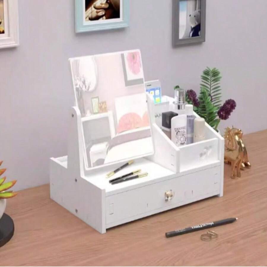 Makeup Storage Box With Mirror, All-In-One Vanity Mirror Desk Organizer, Portable Makeup Mirror With Box