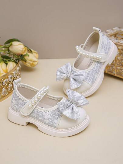 1 Paar Mädchen/Kinder Mode elegante einfache bequeme Kunstperlen glänzende PU handgefertigte Kunstperlen große Schleife Dekor Design weiche Prinzessin Flache Schuhe, geeignet für Kleider, Jeans, Zuhause, Aufführungen, geeignet für Frühling, Sommer, Herbst