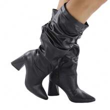 Women's Slouchy Wrinkled High Boot With 7.5 Cm Geometric Chunky Heel And Pointed Toe - Comfortable - Black - View 1