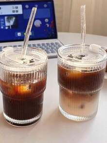 1 Set/Women's Transparent Minimalist Coffee Cup With Lid And Straw, Portable Coffee Drinking Vertical Patterned Glass Cup, Retro Striped Flat Bottomed Pan, Flat Bottomed Pan With Glass Straw, Coffee Cup - Multicolor - View 9