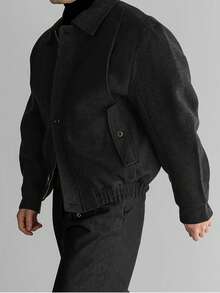 男士高品质加厚翻领羊毛混纺短款夹克，美式复古休闲时尚轻便防风外套，适合春、秋、冬季穿着。 - 黑色 - 查看 5