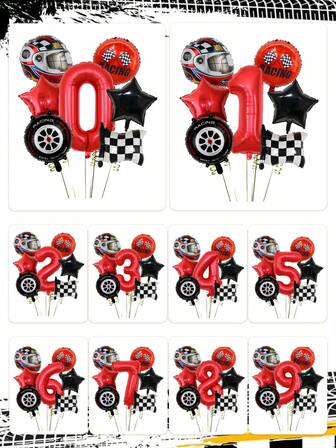 7 st/set födelsedagsballonger med racerbilstema, 32 tums röda sifferballonger, 18 tums stjärnfolieballonger, svarta och vita racingflaggballonger, hjälmballong, lämplig för födelsedagsfest, racingtema, festdekoration, inomhus- och utomhusdekor, hastighetsracingtema