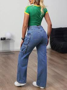 Women's Mid Rise Non-Stretchy Cargo Wide Leg Jeans - Elegant & Slim For Home Leisure - Dark Wash - View 2