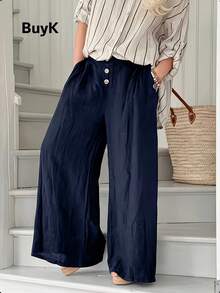 BuyK [Pants]BuyK Women's Navy Blue High-Waisted Buttoned Linen Wide-Leg Pants - Unlock American Lazy Chic