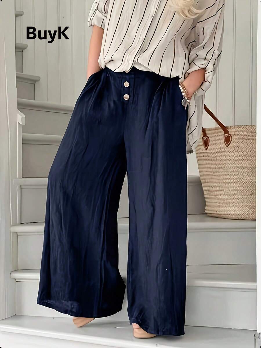 BuyK [Pants]BuyK Women's Navy Blue High-Waisted Buttoned Linen Wide-Leg Pants - Unlock American Lazy Chic