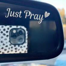 1pc Just Pray White Love Shaped Design Rearview Mirror Decal Car Sticker Heartfelt Reminder For Women Drivers Durable Vinyl, Stylish Car Accessory - White - View 6