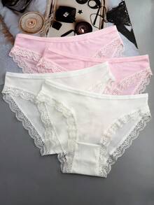 4条装女士多色字母条纹内裤，蕾丝边设计，透气面料，高弹力，舒适吸汗 - 彩色 - 查看 6