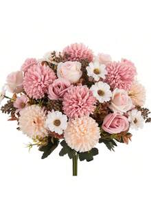 1/80PCS Artificial Rose Flowers Silk Roses, Chrysanthemums, Hydrangeas Bouquets Fake Plants For Spring Autumn Wedding Vase For Home Dining Room Bedroom Decorations, Mother's Day,Father's Day, Valentine's Day, Festival Birthday Party Accessories, Outdoor Garden Decorations - Pink - View 3
