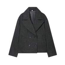 Women's Double-Breasted Wool Blend Turndown Collar Short Jacket, Minimalist Blazer For Autumn/Winter - Dark Grey - View 5