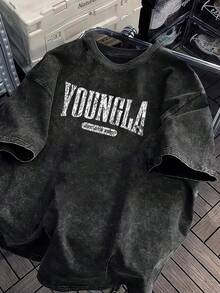 Men's Oversized Heavyweight 100% Cotton Vintage Washed YOUNGLA Graphic T-Shirt - Loose Street Style Printed Top, Bold Lettering Design, Distressed Effect, Big & Tall Crewneck Short Sleeve Casual Shirt For Men And Teens, Spring Summer Fall Daily Wear - màu đen - Xem 1
