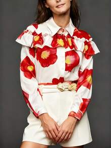 女士优雅印花高领长袖衬衫，荷叶边装饰，纽扣前襟休闲上衣