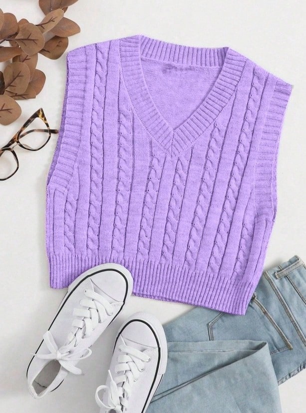 Knitted Sweater Vest With Braided Detail And V-Neck - tử đinh hương - Xem 1