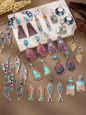 MONLOTTI Vintage Western-Style Turquoise Earring Resin Sticker Earrings, With A Variety Of Vintage Designs To Choose From, Including Moon, Small Fish, Irregular Shapes, Cactus Shapes, Long Strips, Water Drop Shapes And Other Styles. They Are Shipped Randomly To Bring Surprises, Suitable For Daily Wear By Women. Bohemian Style Women's Earrings