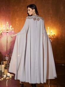 UNITHORSE 女式立领飘袖腰带超长新款奢华串珠蕾丝刺绣腰带两件套土耳其长袍女装 - 卡其色 - 查看 2