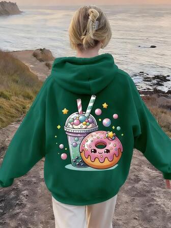 Teen Girl Milk Tea Donut Pattern Printed Warm Loose Oversized Hooded Sweatshirt - Comfortable Long-Sleeved Casual Pullover, Machine Washable, Daily Essential, Loose Style, Suitable For School, Vacation, Shopping, Sports And Other Occasions