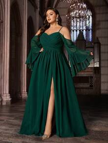 时尚设计雪纺长款伴娘礼服，大码女款，优雅纯色，胸部褶皱设计，长喇叭袖，吊带，伴娘正式礼服，婚礼春季派对礼服 - 墨綠色 - 查看 5
