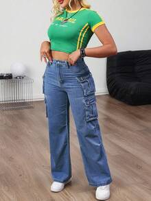 Women's Mid Rise Non-Stretchy Cargo Wide Leg Jeans - Elegant & Slim For Home Leisure - Dark Wash - View 5