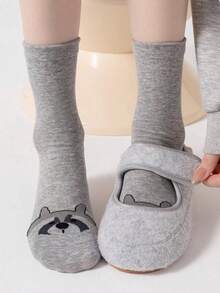 1/4 双卡通可爱动物和抽象趣味中筒袜，秋冬款