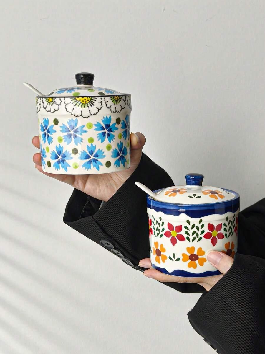 4件/2件/1件裝復古花卉調味料罐，陶瓷鹽罐，附蓋與湯匙的調料容器，辣椒油罐，節日禮物