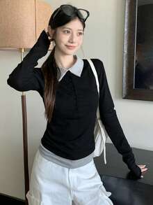 2 In 1 Polo Neck Black & Grey Versatile Slimming Autumn T-Shirt Undershirt Casual - Black - View 4