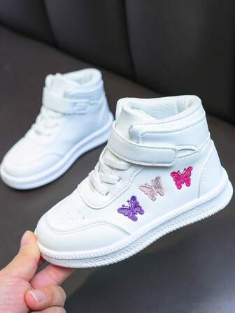1. Suitable For Boys, Infants: High-Top Sneakers, Canvas Shoes With Butterfly Accessories, Suitable For All Seasons, College Style PU Uppers, Children's Casual High-Top Shoes, Round Toe, Solid Color