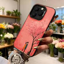 Funda para iPhone con impresión de pareja de cerezos rosados románticos, funda protectora para teléfono, funda de moda para el Día de San Valentín, aniversario aplicable a los teléfonos de las series Apple y Galaxy - Negro - Ver 6