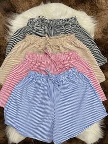KITS OF 4 FOUR STRIPED MATCHING SHORTS - SUMMER - Black Caramel Baby Pink and Baby Blue - View 2