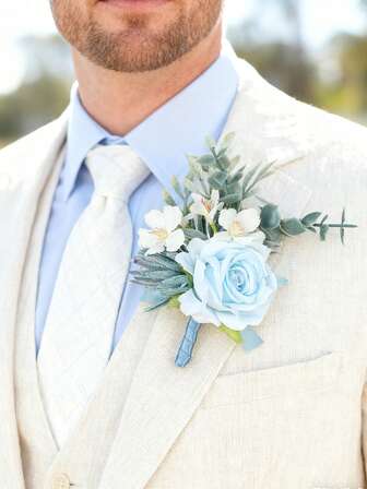 1 st Lotus & Rose Boutonniere, Konstgjord Blomma Corsage för Balen Hemkomst Boutonniere För Män Bröllopsblommor Tillbehör Baldekorationer