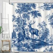 1pc Vintage Blue Toile Deer In Woodland Shower Curtain - Elegant Retro French Country Bathroom Decor, Polyester Fabric With Grommet Hooks, All-Season & Seasonal Use For Autumn Winter Halloween, Deer & Foliage Animal Print Bathroom Window Curtain Alternativ - Nhiều màu - Xem 1