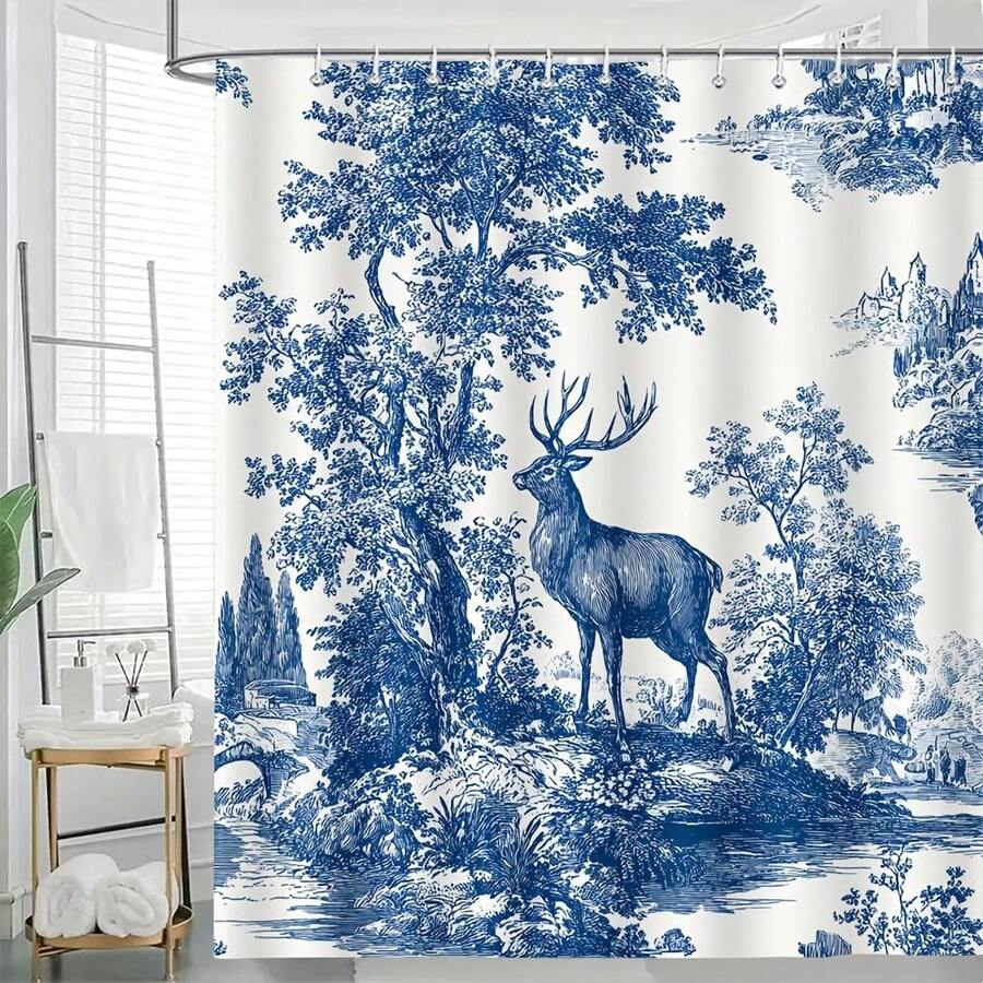 1pc Vintage Blue Toile Deer In Woodland Shower Curtain - Elegant Retro French Country Bathroom Decor, Polyester Fabric With Grommet Hooks, All-Season & Seasonal Use For Autumn Winter Halloween, Deer & Foliage Animal Print Bathroom Window Curtain Alternativ - Nhiều màu - Xem 1