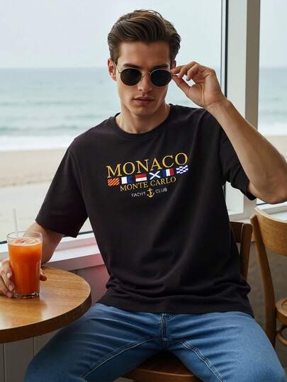 男士新款商务休闲图案休闲个性字母印花短袖T恤，搭配休闲裤，适合旅行/度假/户外露营/运动