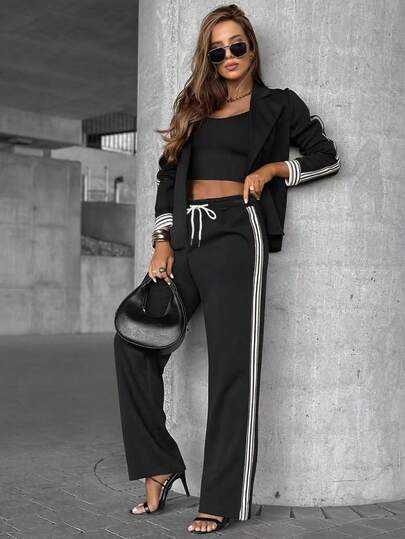 Women's Elegant Solid Color Elastic Waist Pants With Ribbon Cuff, Casual Suit Set Suitable For Commuting And Daily Casual Wear