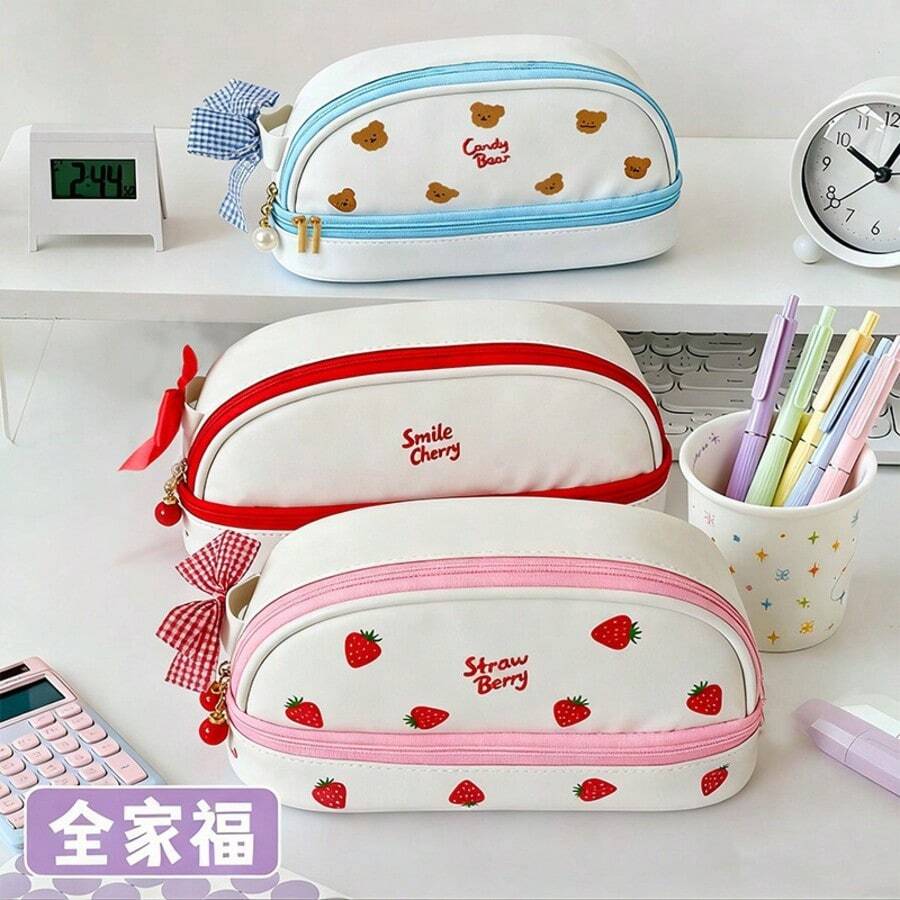 1 Túi đựng bút hình quả dâu tây, dung tích lớn dễ thương, hai lớp, thiết kế thẩm mỹ, Ins, hộp đựng bút chì cho học sinh, hộp đựng bút chì, thích hợp cho bé gái, quà tặng trở lại trường, đồ dùng học tập - Đỏ và trắng - Xem 1