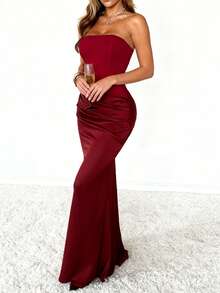 Vestido de verano WOWDARK, rojo vino, elegante vestido de fiesta con parches de satén ajustado y sin tirantes, adecuado para el Día de San Valentín, citas, reuniones, fiestas, viajes, vacaciones, playa y talla grande - Burdeos - Ver 10