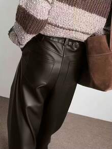 Melard PU Leather Wide Leg Palazzo Pants, Casual Vintage Style, Fashionable For Commuting - Coffee Brown - View 3