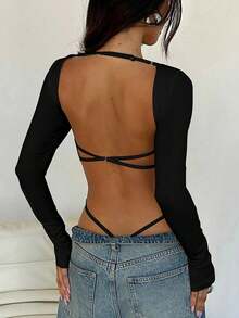 Áo liền thân nữ màu trơn hở lưng, buộc dây, gợi cảm và thời trang, ôm sát, phong cách đường phố thường ngày, phù hợp cho tiệc cocktail, hộp đêm và những dịp thanh lịch. - đen sẫm - Xem 1