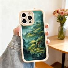 Cubierta de teléfono con borde negro diseño de paisaje rural con campos verdes y casas pintorescas texto CLV LEAUTION para uso diario y estilo moderno - Café integral - Ver 4
