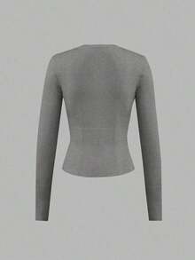Women's Casual Fashion Gray Round Neck Long Sleeve Waist Fitted Knit Cardigan, Spring/Autumn - Xám - Xem 4