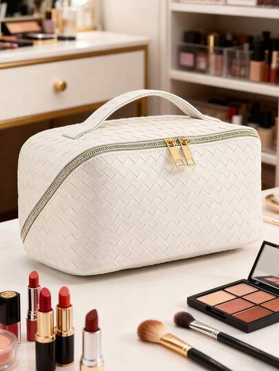 1pc Women's Luxury Makeup Bag, PU Leather Waterproof Toiletry Bag, Portable Cosmetic Organizer Bag, Large Capacity Travel Accessories Bag, Woven Texture, Valentine's Day Gift, Women Travel Essential, Cruise Essential, Women Beach Bag, Women Wallet And Handbag, Bridesmaid Gift