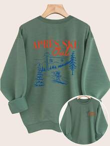 [Front And Back Double-Sided Print]Women's Casual Top Retro Style Skiing Cable Car APRES SKI Club Print Round Neck Long Sleeve Sweatshirt [Ling]Winter Clothes For Women,Christmas Gifts - 綠色 - 查看 7