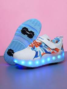 新款儿童透气网眼鞋带LED灯，户外时尚女童轮滑鞋，青少年夜光运动鞋，休闲运动