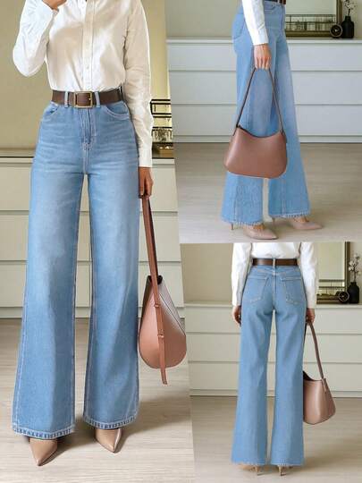 Pantalones vaqueros rectos y elásticos n.º 9650, elegantes y de moda, casuales y versátiles, pantalones vaqueros de pierna ancha y acampanada para mujer