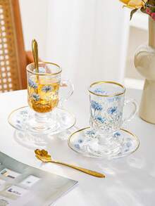 一套六件中东风格茶杯碟套装，复古棕色玻璃花卉图案茶/咖啡杯，杯腰设计，加厚杯底，防止茶水变凉，适合六人使用，是生日、聚会、下午茶的理想之选。 - 彩色 - 查看 11