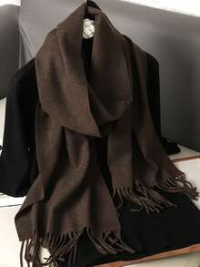 1 chiếc khăn choàng Pashmina len ấm áp màu trơn thời trang và thanh lịch, khăn choàng tua rua chống lạnh thông thường dành cho cả nam và nữ, thích hợp mặc hàng ngày, mùa thu/đông - Cà phê nâu - Xem 2